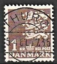 FRIMÆRKER DANMARK | 1946-47 - AFA 293 - Rigsvåben 1,00 Kr. brun - Lux Stemplet Thurø